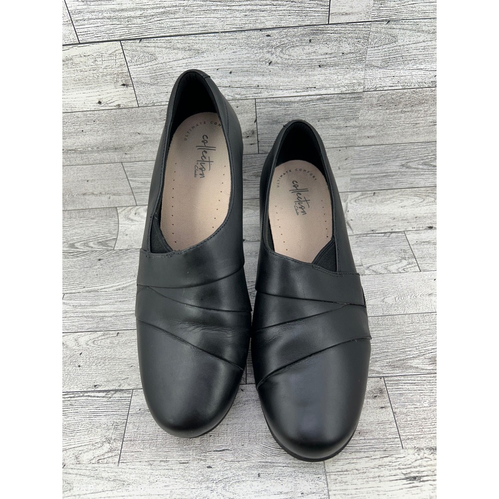 Clarks Collection Black Leather Pleated Slip On Block Heel Pumps Women Size 8.5W